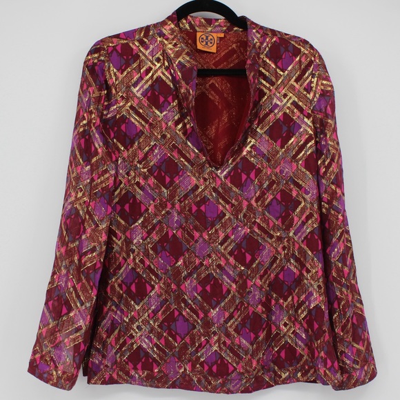 TORY BURCH Silk Chiffon Tunic Top Blouse Maroon Gold Size 4 - Picture 14 of 16